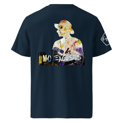 No excuses est inscris homme au chapeau et graffiti sur tshirt bleu marine biologique